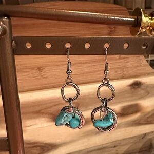 Silver and Raw Turquoise Dangle Earrings. Fish Hook.